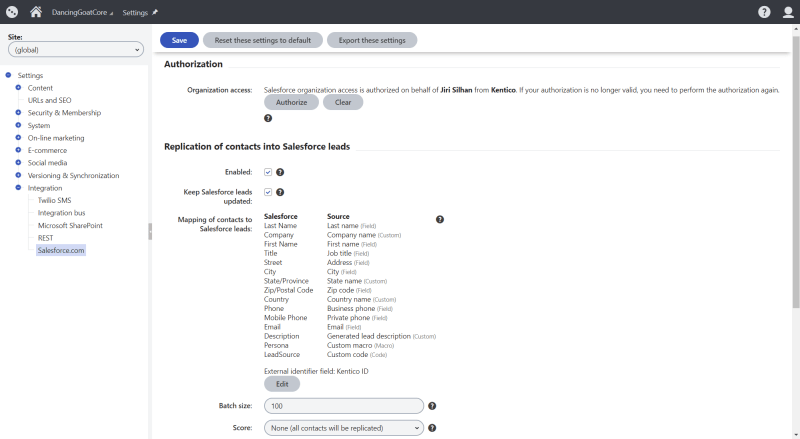 Kentico settings - Salesforce integration